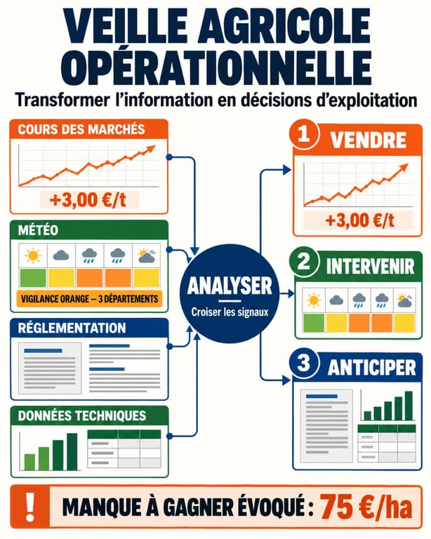 La France Agricole actualité : infographie reliant cours agricoles, météo et réglementation aux décisions d’exploitation