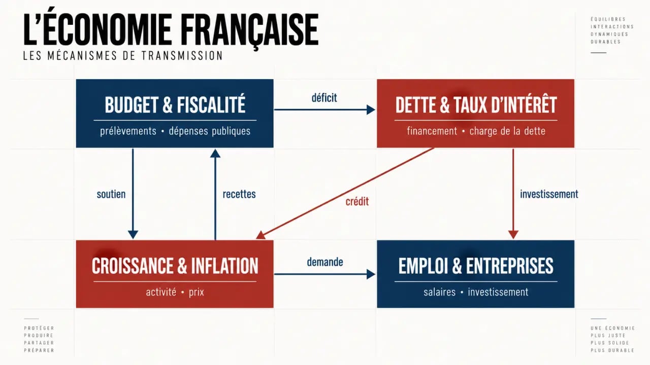 Économie actualité France : schéma des liens entre budget, dette, croissance, emploi et entreprises