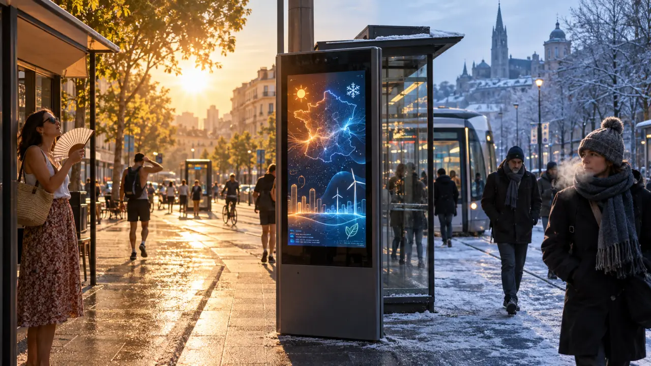 Foule urbaine traversant une ville sous une lumière contrastée, symbole d’un quotidien transformé par l’intelligence artificielle
