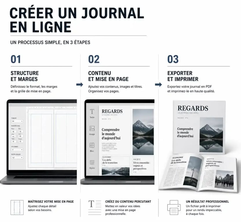 Étapes de personnalisation d'un modèle de journal en ligne, de la structure à l'exportation.