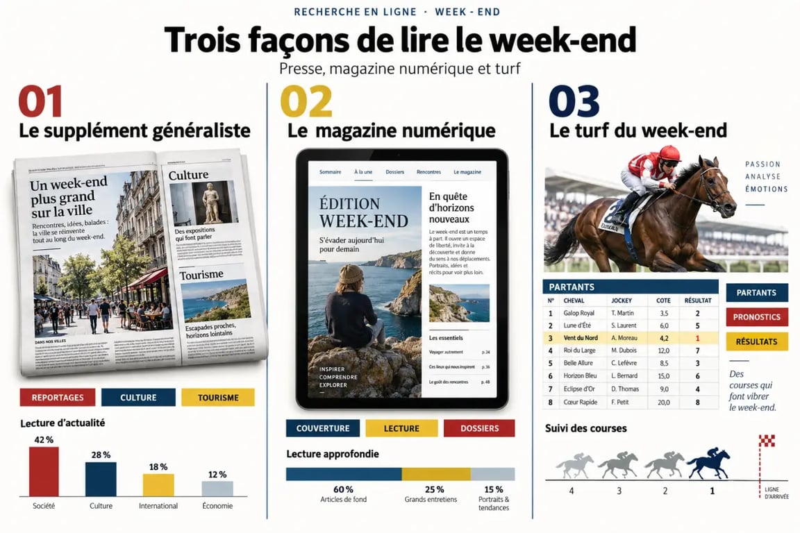Journal week-end en ligne : les trois accès entre presse généraliste, magazine numérique et turf