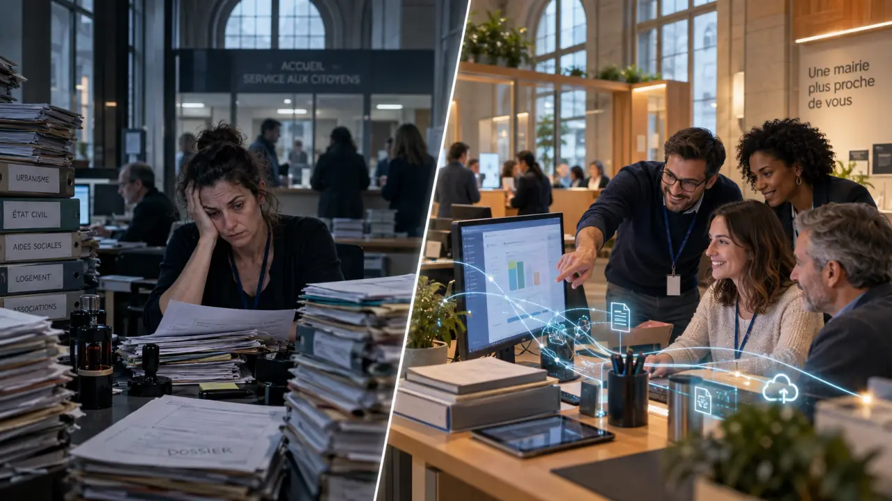 Agents municipaux travaillant avec des outils numériques dans une mairie