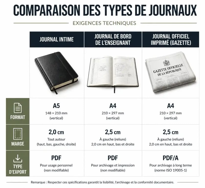 Infographie comparative des modèles de journal en ligne : journal intime, cahier journal enseignant et gazette à imprimer.