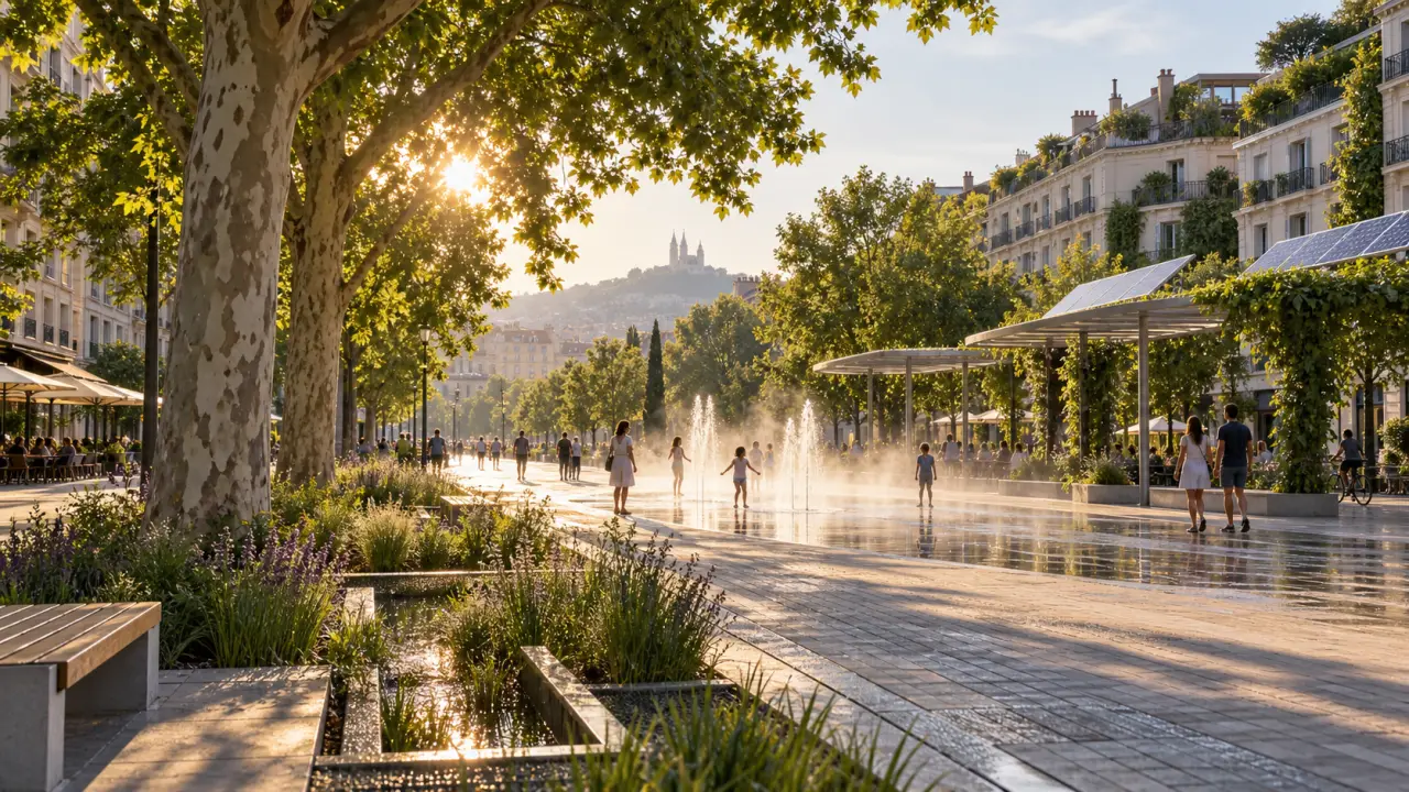 Rue urbaine végétalisée pendant une journée de forte chaleur