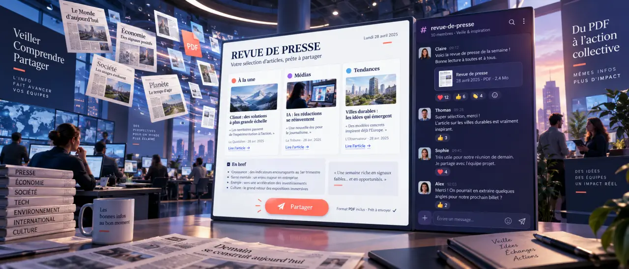 Revue de presse exemple : un modèle prêt à envoyer, du PDF à Slack