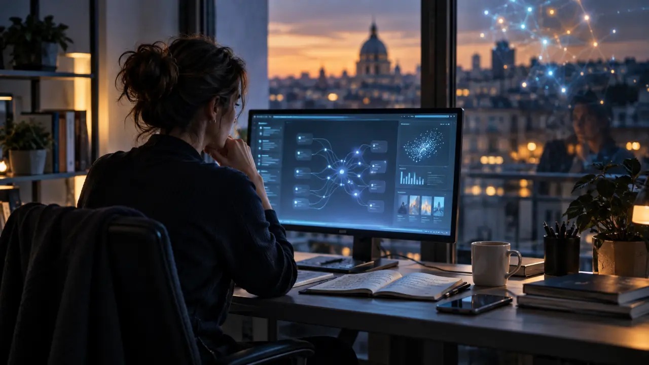 Salariés dans un espace de travail éclairé par des écrans et des interfaces numériques