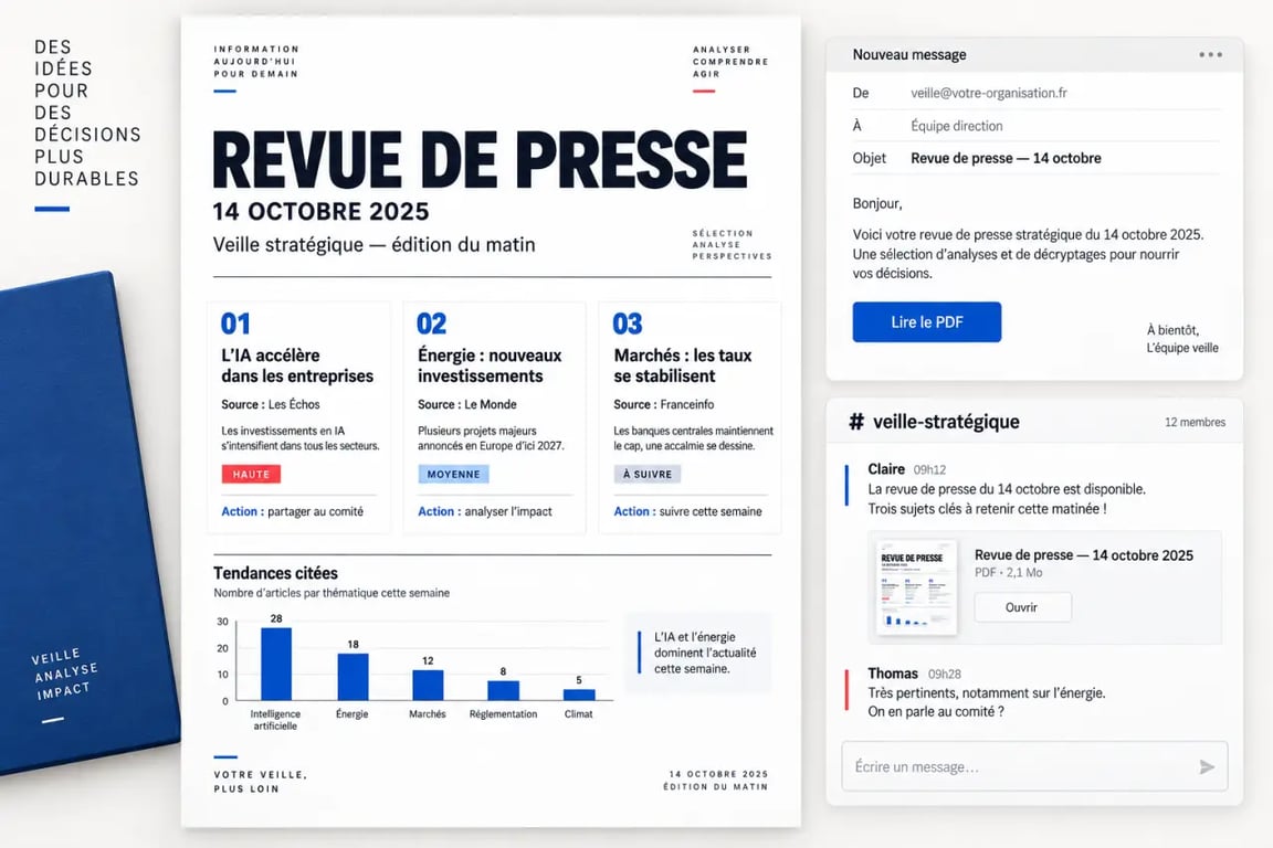 Exemple de revue de presse professionnelle en PDF, email et Slack