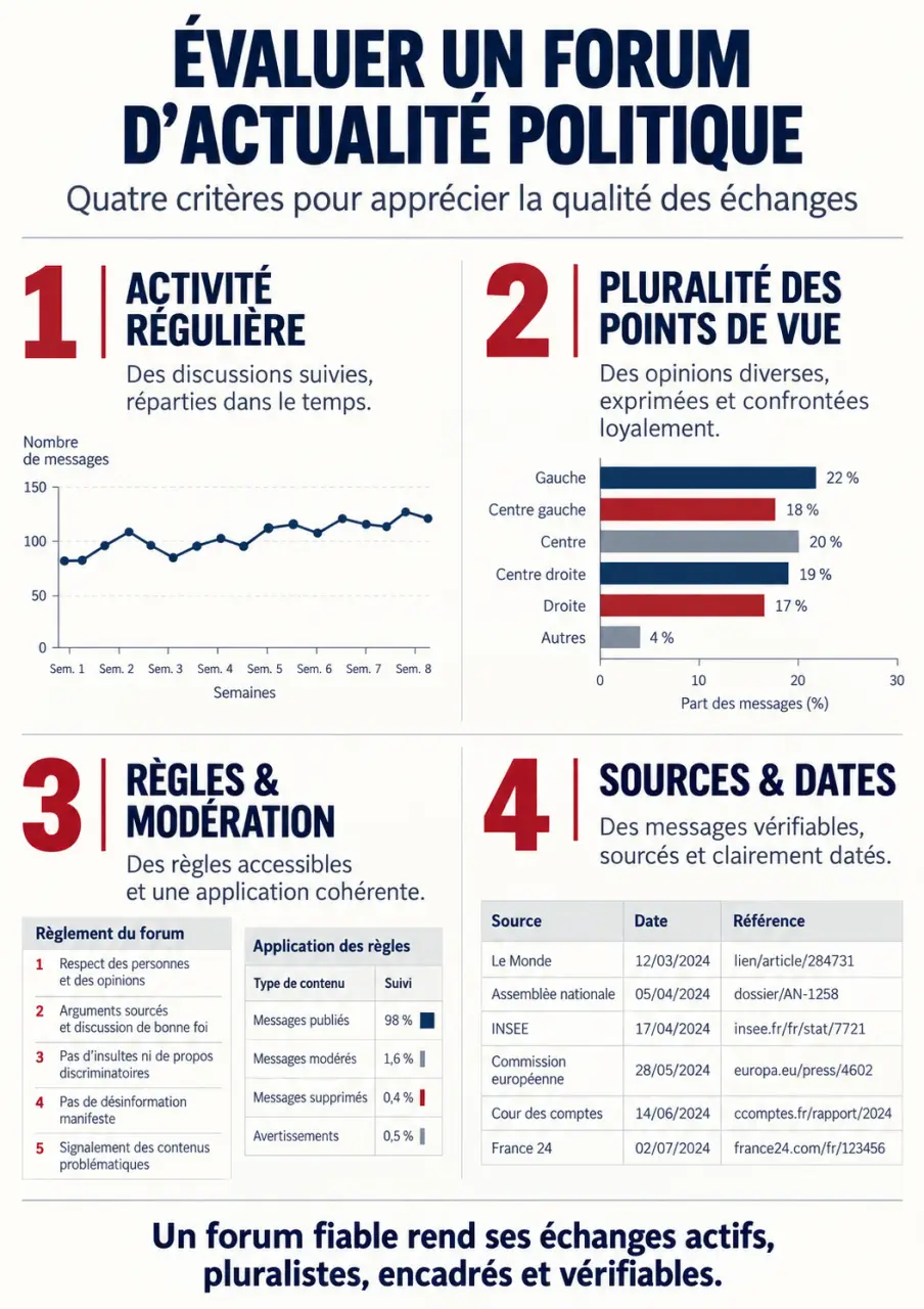 Infographie sur les critères pour évaluer un forum actualité politique