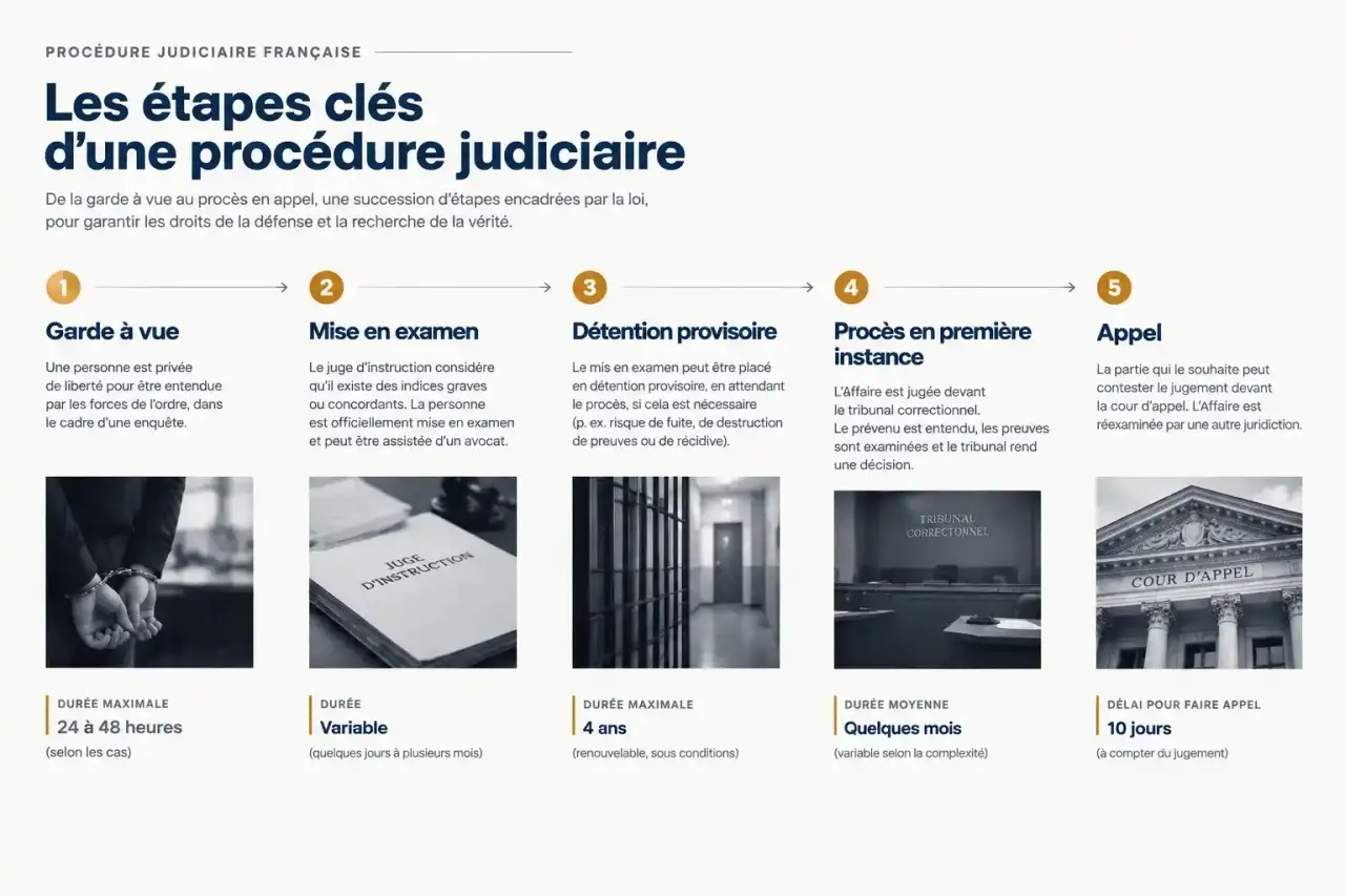 Schéma des étapes judiciaires, de la garde à vue à l'appel, pour comprendre les faits divers de Châlette-sur-Loing