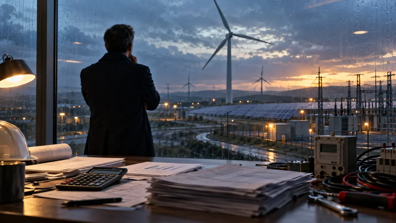 Chantier de rénovation énergétique et équipements industriels au crépuscule