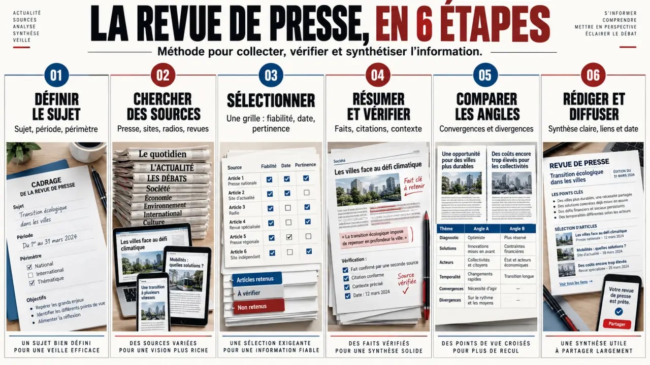 Infographie montrant comment faire revue de presse en six étapes